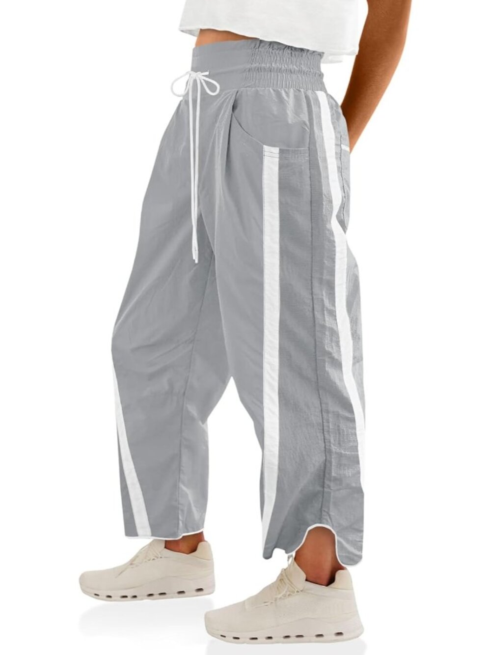 Women Light Grey High Rise Baggy Wide Leg Pant Casual Drawstring Elastic Waisted
